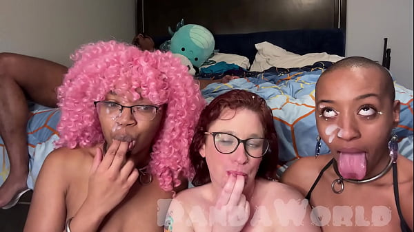 Fat Redhead Slut Spit Roasted 2 BBCs While Ebony Slut Helps Her Suck BBC, Triple Facial Finish!