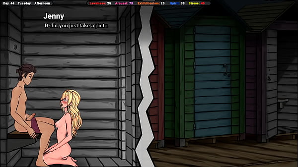 जेनी लॉकर रूम में चली गई और उसने एक प्रदर्शक को झटके मारते हुए पाया।