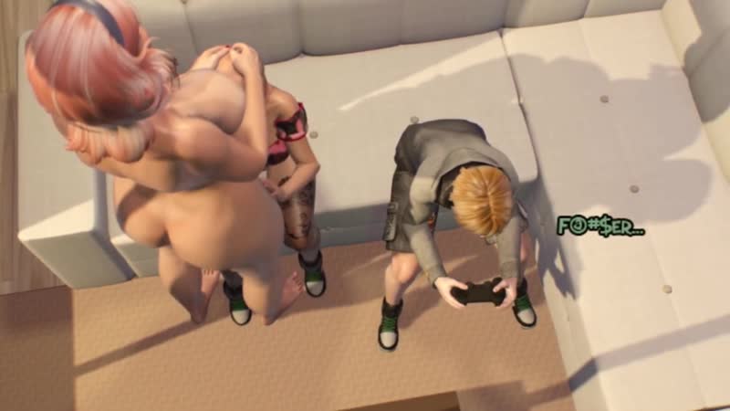3D-Shemale-Mutter fickt Teenager-Tochter-Cartoon-Transe fickt Mädchen, während der Sohn auf der Konsole 3D-Futanari-Animation spielt
